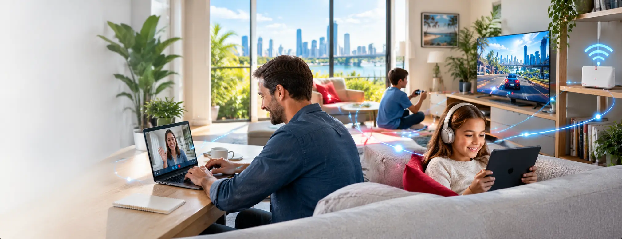 Family using fast NBN internet at home in Brisbane