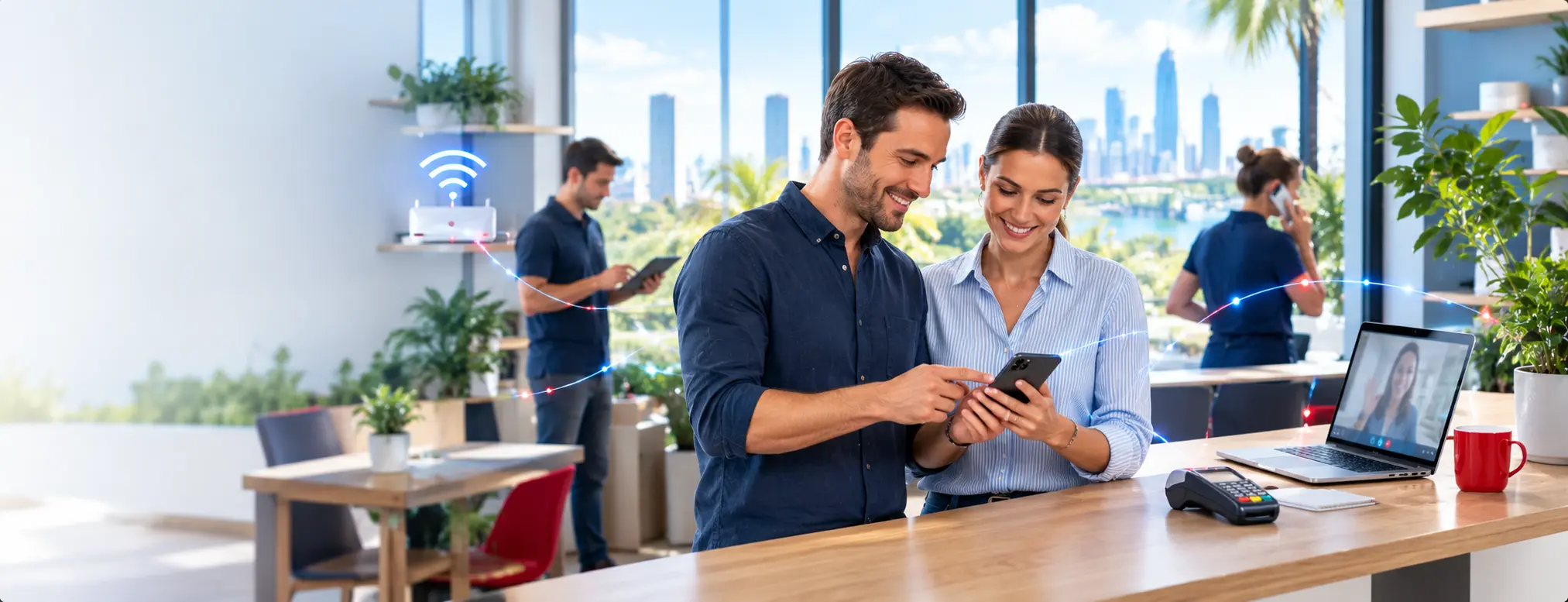 Small business owners using business phone and internet plans in Brisbane